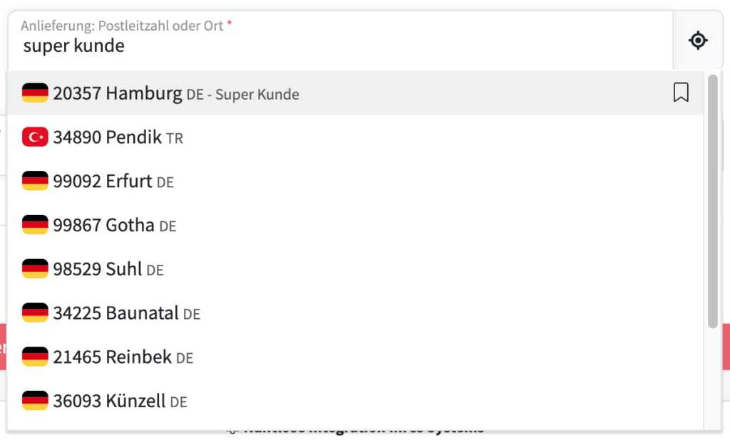 Die Eingabemaske für den Anlieferort