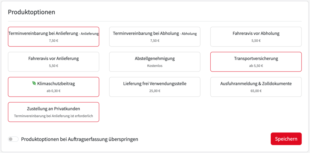 Vorlagen für die Erfassung der Produkoptionen