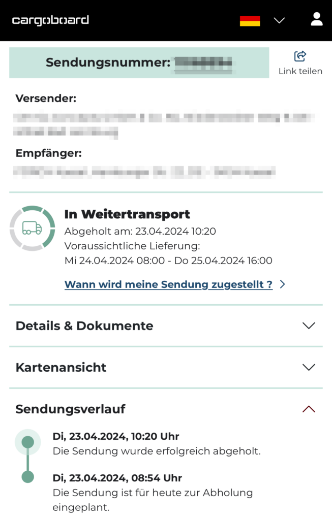 Sendungsverfolgung mobile Ansicht